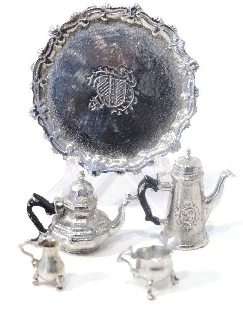 Miniature Kupjack Silver: Round footed tray, original by Paul Revere, circa 1761, #305, Tea Pot, original by Peter Van Dyck, Circa 1684, Cream Pot, original by , Adrian Bancher, Circa 1740, Coffee Pot original by John Burt, Bo