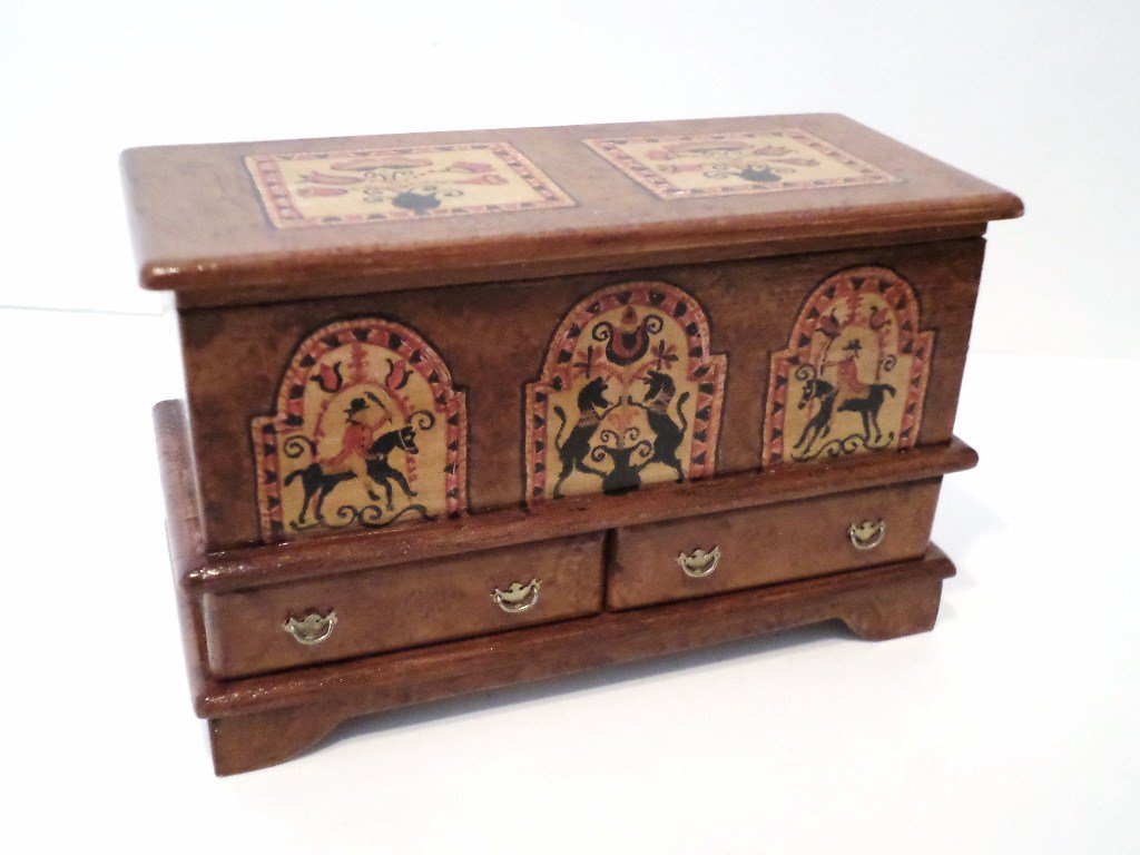 Elisabett Andrews PA Chest: Classic Pennsylvania blanket chest with two drawers, painted panels and faux graining. 2.75" H, 4.25" L.