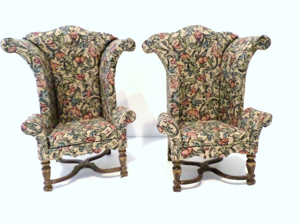 Robert Bernhard Arm Chairs: A pair of William and Mary styled armchairs upholstered in printed cotton, stretcher bases, from Dolphin Originals dated 1994. 4.75" H.