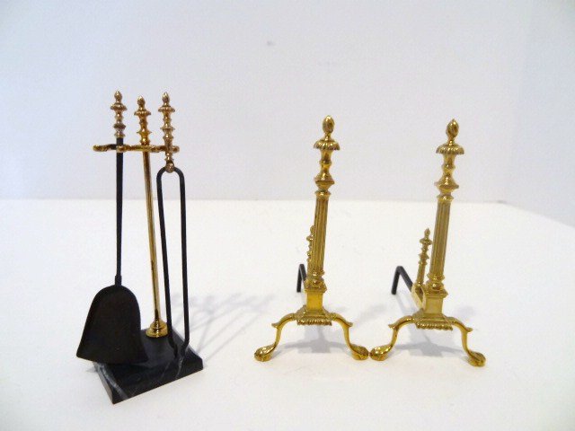 Bill Robertson Fireplace Implements: A pair of very fine brass and iron andirons 2.5" H and a tool stand with marble base, shovel and tongs.