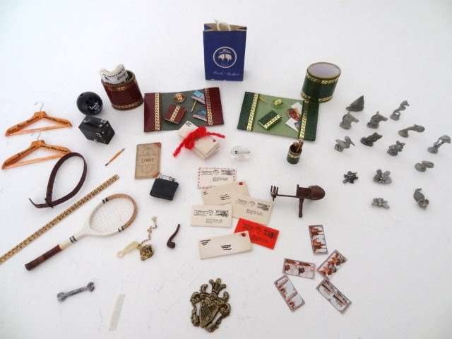 Guy's Gear: Accessories for a gentleman: two desk sets, handsome tennis racket 2.5" L, Savile Row wooden hangers, belt, wallet, watch, etc.
