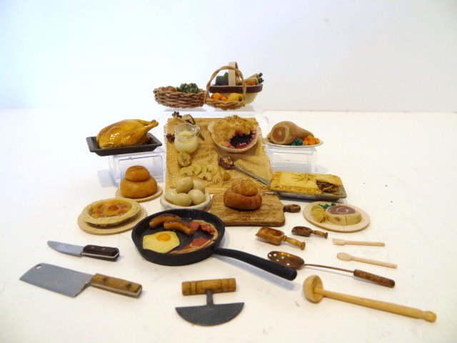 Janet Brownahill Food Prep: A generous assortment of earthy-looking food in preparation from a country kitchen. Work prep board 2" X 2". Plus some knives and cooking utensils, some by David Krupick.