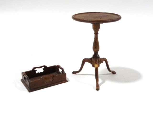 Betty Valentine Table and Tray: A mahogany tripod table 2.25" H with delicately carved cabriole legs and a pretty butler's tray with pierced sides , both earlier pieces by Betty Valentine.
