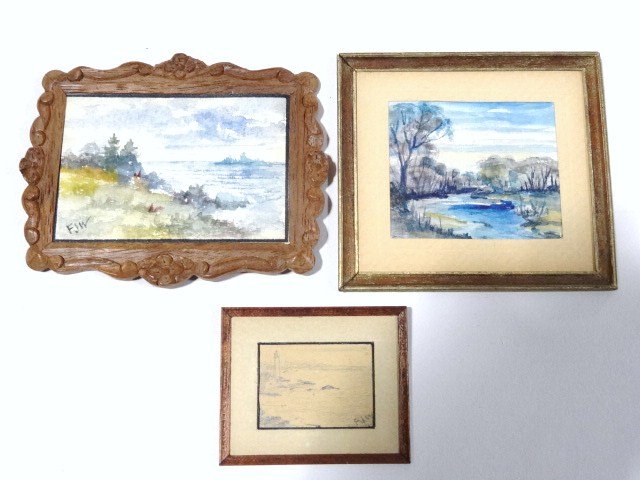 Frederick Wilder Watercolors: Two miniature watercolors and a drawing by established artist Frederick Wilder in custom crafted frames. Largest 3.25" X 4". True art in miniature.