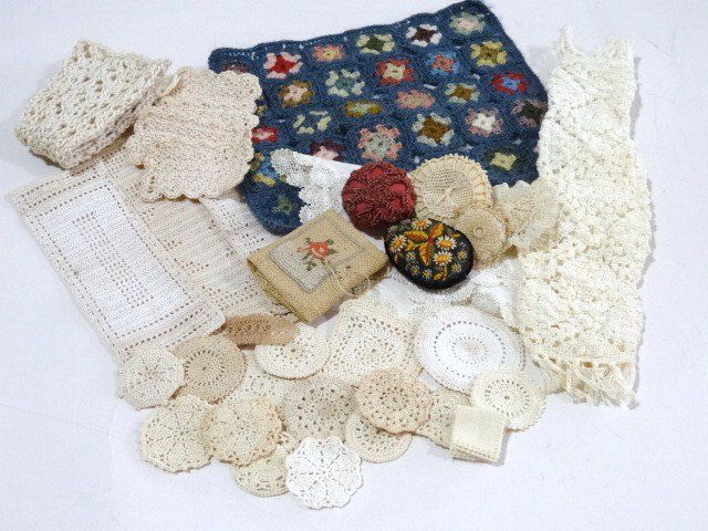 Linens and Things: Nice lot of vintage crochet, pillows, doilies, table runners, etc. and a crocheted afghan 4" X 5.5". Also an old piece of miniature needlepoint in progress. Utterly charming.
