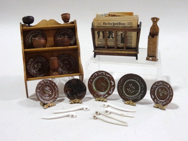 Barbara Davis Pipe Box: A sweet antiqued pine pipe box with several clay pipes and single drawer 1.5" H, plus a Paul Rouleau wall shelf with hand-painted redware pottery, and a magazine rack by Dennis Stauth. Nice artisan lo