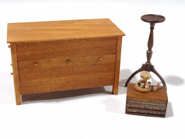 Carol Hardy Spool Case: Classic Shaker work table with drawers - one including threads 2.5" H, 4" L signed PER # 2, a Betty Valentine tripod table, and a wonderful spool case and pincushion by Carol Hardy.