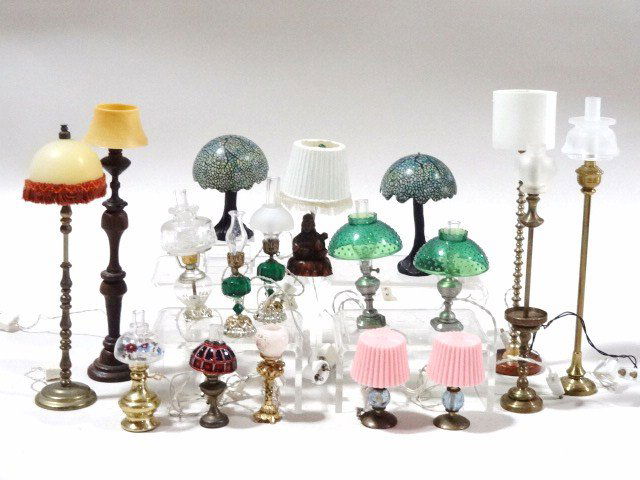 Lotsa Lamps: Large lot of electrified floor and table lamps including one with a handsomely turned base by Robert Callahan 5" H, Tiffany-style table lamps, hurricanes lamps, you name it. Over a dozen piece, some s