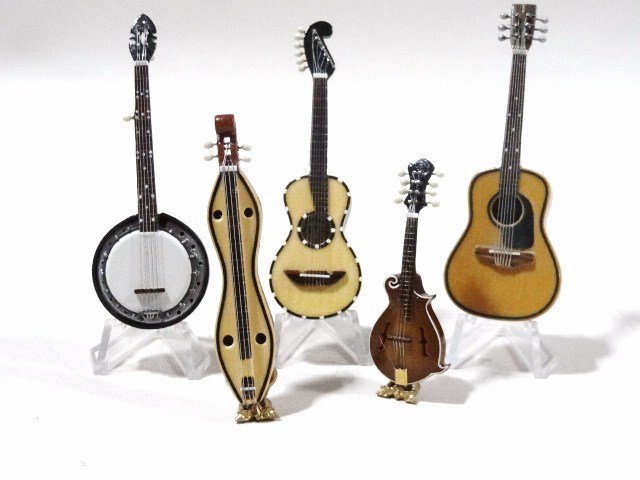 L.W. Norman Stringed Instruments: L.W. Norman Stringed Instruments Nice collection of beautifully scaled handmade stringed instruments featuring wood inlays and banding: a banjo 3.25" H, two acoustic guitars, an interesting mandolin a