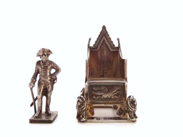 Miniature Silver: Silver military figural seal & English sterling coronation throne 2.25"