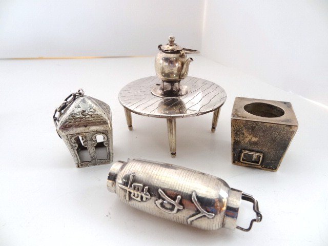 Miniature Silver: Japanese sterling lantern, charcoal stove, table & teakettle with a silver plated hanging lantern 2.5" t
