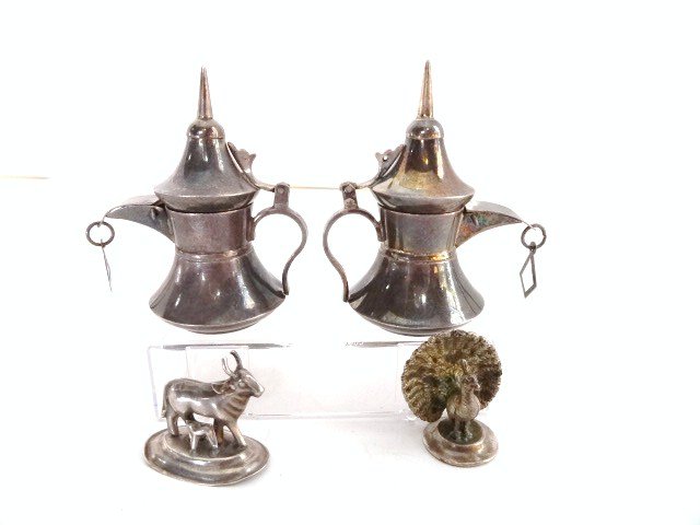 Miniature Silver: Sterling pair middle eastern coffee ewers, silver peacock figure & silver horned cow with calf figure 3" t