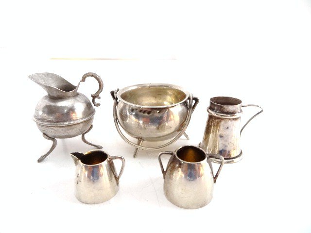 Miniature Silver: English sterling kettle/cauldron ( 1902), sugar & creamer & mug with a Dutch made English imported sterling tripod pitcher 2" t