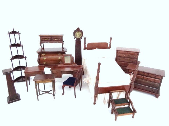 Large Lot of Commercial Furniture: A very generous assortment of vintage furniture imported from Colombia and Asia including a very nicely dressed Sonia Messer bed, chests, dressing table and bed steps, X-acto Mora clock 7" H and what-
