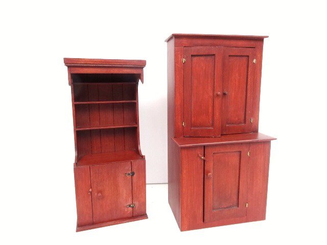 Hoffman Sturbridge Cupboards: From their Sturbridge Village collection, heirloom cupboards from George Hoffman and family with old red paint finish, the taller 7" H. Also from the same collection, a hanging wall shelf.