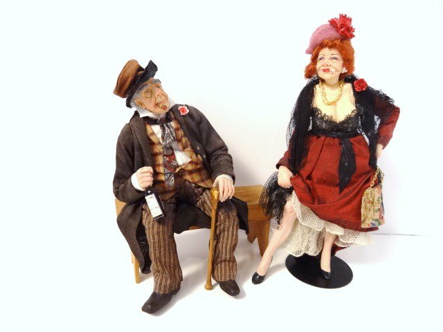 Marcia Backstrom Drinking Buddies: A pair of character dolls: a seated gent clutching a bottle and smoking a stogie, and a bit of a lush lady doll hiking up her skirts and smoking a cigarette. Great camaraderie in 1:12 scale; she is 6"