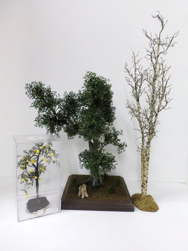 Landscaping: Incredible realism in miniature, a small group of fine artisan landscape features: white birch tree 20" H, another tree on a wooden base 11" H, and a lemon tree specially ordered from Paula Gilhooley 