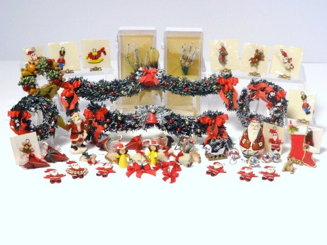 Christmas Swags and Wreaths: Pretty assortment of decorated swags, wreaths, window candles and ornaments including a tiny Santa by Jackie Transue 1.25" H.