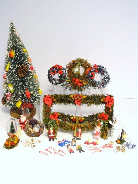 Christmas Tree and Accessories: A decorated bottle-brush tree 7" H with a great assortment of additional ornaments, wreaths, swags, etc. It's all there!