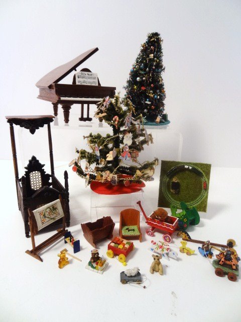 Half-Scale Silent Night: Judith Shelhaas hand-carved half-tester crib, two incredibly detailed Christmas trees no taller than 4" H, a commercial piano, Dan and Sharon Zerkel embroidery stand, cradle, wagon and shoo-fly and an