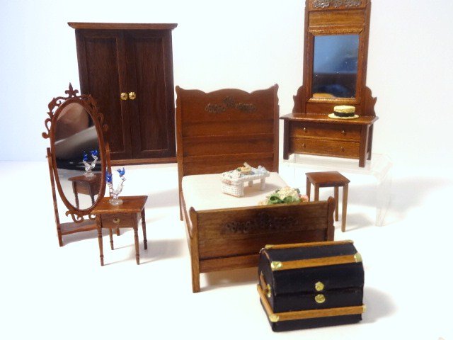 Jeanne Chapman Half-scale Bedroom: Late Victorian bedroom furnishings including Jeanne Chapman bed, mirrored chest, armoire and two night stands, also a Kirk Ratajesak cheval mirror, leather-covered dome-top trunk, bed tray and straw h