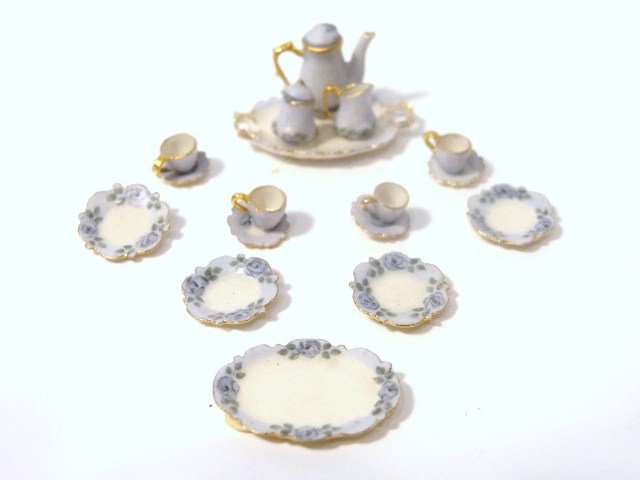 Karen Zorich Half-scale Dinner Set: Hand-painted porcelain dinnerware by Karen Zorich featuring tiny cups and saucers with floral decoration and gilt rims, plates, platter and tea service. Amazing detail. Plates roughly 3/8" diameter. W