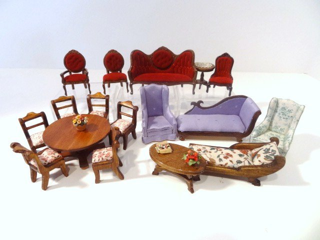 Jeanne Chapman Half-scale Furniture: An assortment of half-scale furnishings including a dining set by Jeanne Chapman, a chaise and chair with lavender upholstery by the same artist and a commercial Victorian parlor suite.