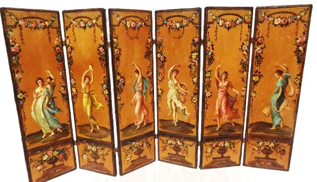 Natasha Folding Screen: A six-panel hinged folding screen by Natasha Beshenkovsky featuring hand-painted leather panels decorated with classical dancing ladies (with a few wardrobe malfunctions, if we may say) surrounded by