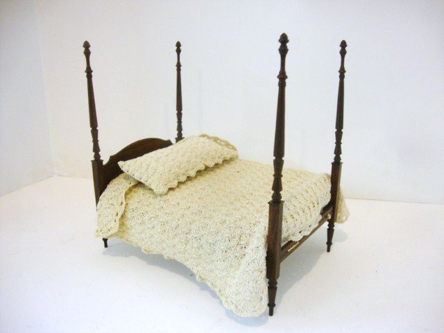 Gerald Crawford Four-post Bed: Crisply turned bedposts and handsomely shaped headboard distinguish this fine classical four-poster mahogany rope bed made in 1982 by Gerald Crawford. Dressed with crocheted bedspread. 7.5" H, 7.25" L