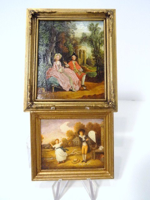 Paul Saltarelli Romantic Paintings: A limited edition oil painted rendering of Gainsborough's "Conversation in a Park" No. 3 of 12 measuring 3" X 3.5" and No. 1 of 8: Dowman's "Children Flying a Kite".