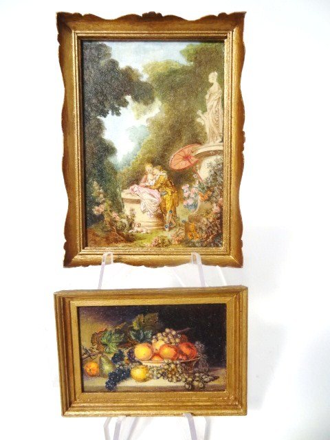 Marjorie Adams Paintings: Fragonard's "Memories" 2.25" X 3" (minor loss to one edge of frame) and James Peale's "Fruit".