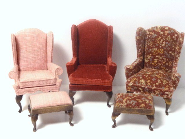 Three Nellie Belt Chairs: A trio of attractive wing chairs 4.5" H, two with matching footstools, all signed by Nellie Belt from the early 1980's