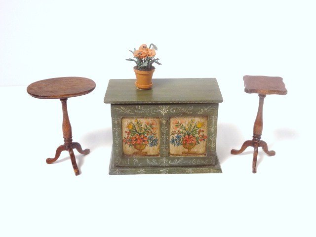 Ruth Pollock Painted Chest and Other Tables: Charming hand-painted folk chest with pretty floral panels by Ruth Pollock in 1992 2.25" H, 3" L, two X-acto kit tables nicely finished by Ray Lucas, and a potted plant.