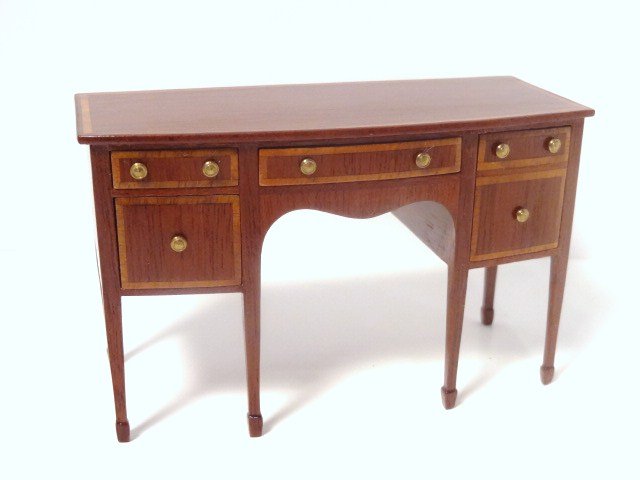 John Hodgson Sideboard: Mahogany bow-front Regency sideboard with satinwood banding and brass knobs, earlier work of the artist signed and made in 1980. Spot of glue residue by one knob, uneven finish on the top, otherwise f