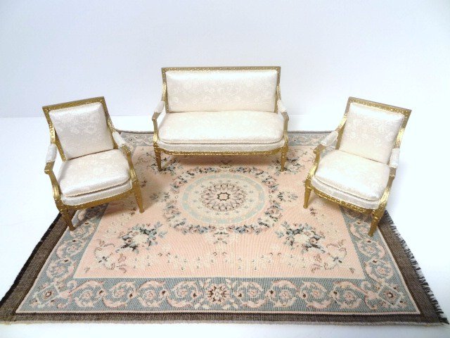 Nancy Summers French Parlor Suite: A settee 3" H, 4.5" L and matching armchairs by Nancy Summers 1995 featuring spotless jacquard silk upholstery and accompanied by a French tapestry rug. Magnifique!