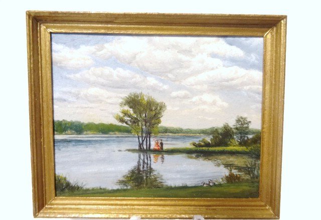 Marjorie Adams Original Painting: A serene lakeside view titled "By the Lake", an original composition by Marjorie and measuring 2.25" H, 2.75" W. Love those clouds…