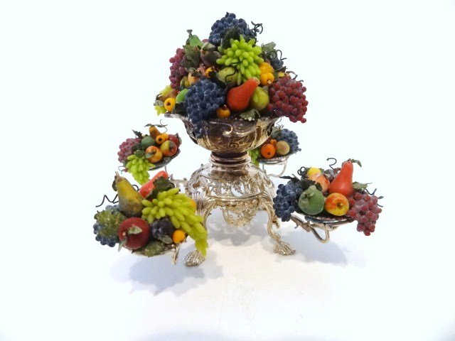 Jens Thorp Miniature Sterling Epergne w/ Marcy Jaffee: Reproduced from an original by Edward Wakelin 1755-1756 on 4 pad feet with elaborately pierced central body skirt, rising into central basket with collar, scrolled arms with pierced handles with rims 
