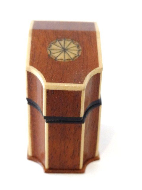 Richard Simms Hepplewhite Knife Box: Mahogany box with slanted top, fluted front, pearl wood stringing and central circular inlay, fitted with sterling silverware, 3/4 x 1 1/2" box, sterling service for 4: 4 knives, 4 forks, 4 spoons, 4 