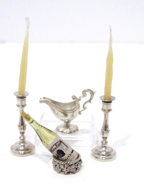 Obadiah Fisher Miniature Sterling: Obadiah Fisher sauceboat, pair candlesticks & wine coaster w/wine bottle, all marked OF, 1 in. tallest