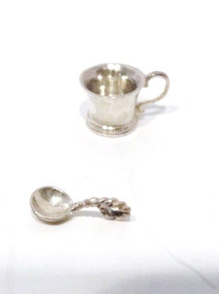 Obadiah Fisher Miniature Sterling: Twisted handle baby spoon & baby cup 1/4 in., signed OF
