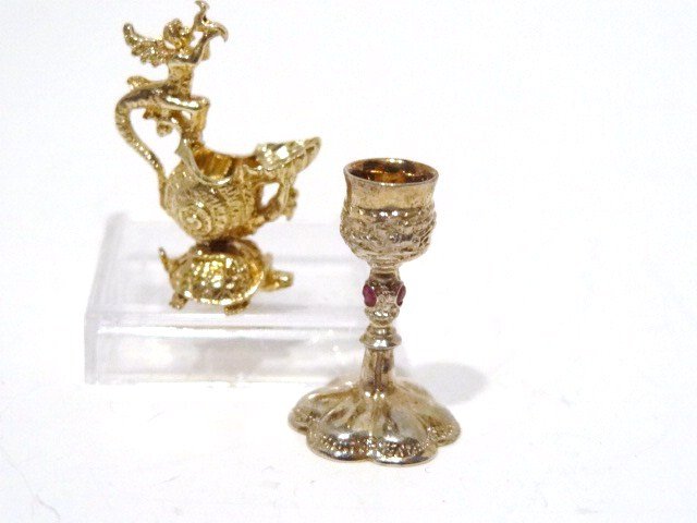 Harry Smith Miniature Sterling: Incredible gold wash pitcher, trumpeting putti at top & mermaid holding shell at spout, resting figural turtle base, remarkable 1 in., together w/40th anniversary chalice 1959-1990 LE 38/240 3 rubies 