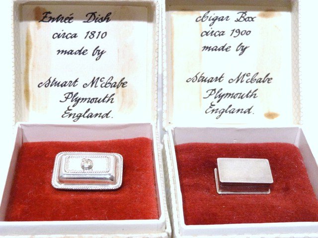 Stuart McCabe Miniature Sterling: Cigar box circa 1900 style in original box, Entre dish circa 1810 in original box, together w/two 4 piece flatware settings & 2 ladles, entre dish largest, both hallmarked w/makers mark