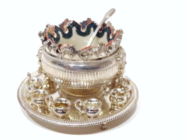 Peter Acquisto Miniature Sterling: Limited Edition Montieth bowl & tray, circa 1710/1711, original by Robert Cooper, London, engraved Claudia Estes, #1 of 300 w/10 punch cups & ladle, in addition is an incredible porcelain insert made