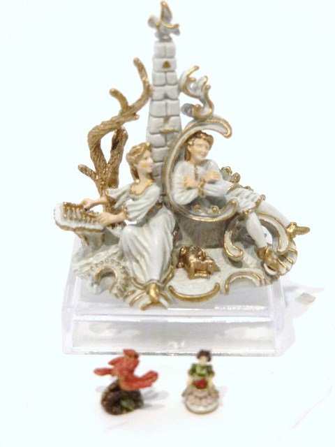 Randall Zadar Miniature Figures: Bronze polychrome figures: Sleeper Awakened after Bustelli, Learning to Fly, Apple Harvest Girl, all in original boxes, 1.5" tallest