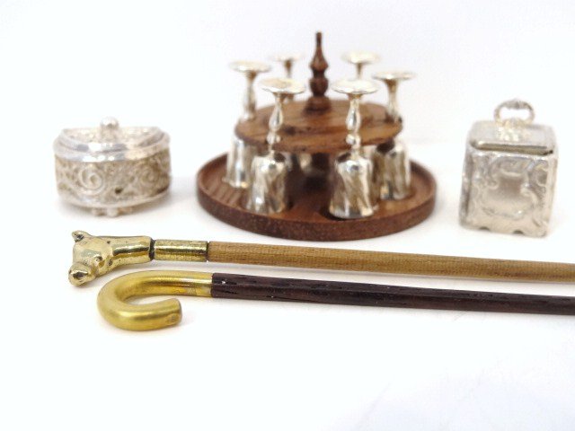 Taller Targioni Miniature Sterling: Square silver box w/lid, crescent shaped open work box, wooden goblet stand, 2 canes w/gold tops & tips (1 horse), 3 in. tallest
