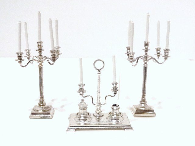 Roth Miniature Silver Plate: Pair of 5 arm candelabras 2 1/4 in. (T), together w/3 piece desk set w/inkwell added