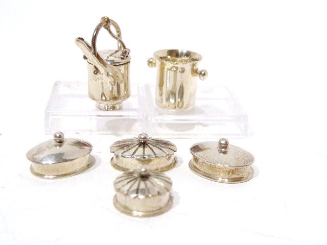 Enrique Quintanar Miniature Sterling: Two plain oval covered candy dishes, one round candy dish w/ribbed top, one oval candy dish w/ribbed top, 3 pcs., flatware knife, fork, spoon, together w/2 ice buckets, one w/hinged lid & tongs, ice b