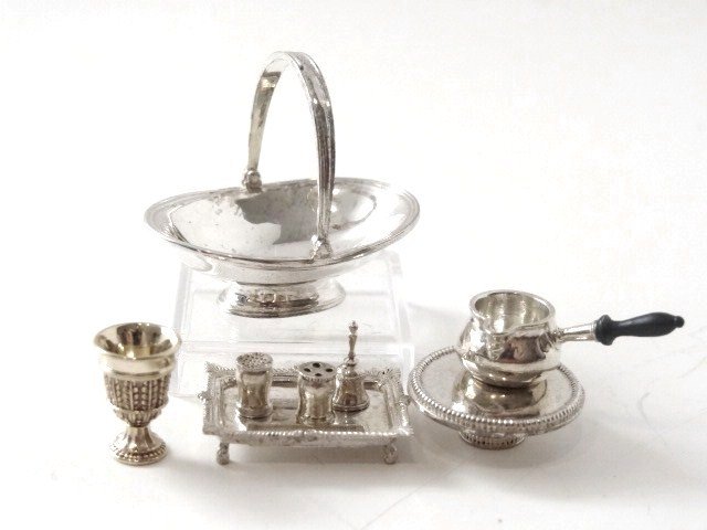 Peter Acquisto Miniature Sterling: Cake & bread basket circa 1810, original by George Aiken & Edward Brown of Baltimore #148, Brandy Pad circa 1766-1767, original by Fuller White #157, gold goblet circa 1771-1772, original by Henry Hay