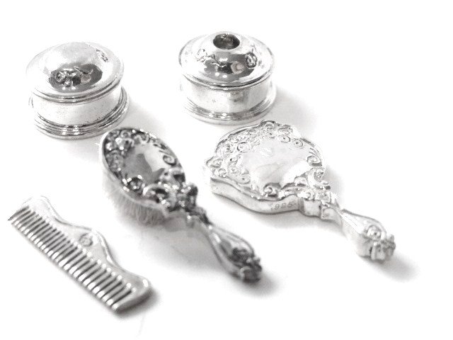 Peter Acquisto Miniature Sterling: Victorian vanity set circa 1851 #167, comb, brush & mirror #168, hair receiver & powder box, all marked A Sterling, all in original boxes
