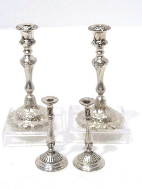 Peter Acquisto Miniature Sterling: Candlestick circa 1843, Art Nouveau Waterhouse Hatfield Hat Co. of Sheffield 1 1/2 in.#30, together w/Sheffield candlestick circa 1799, original by Nathaniel Smith & Co. 1 1/4 in, marked A Sterling